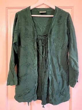 HOLY CLOTHING Women's Green Embroidered Tie-Front Blouse NWOT